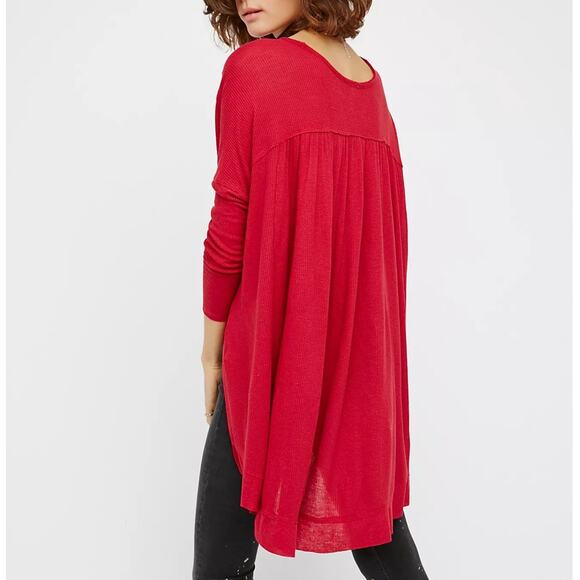 Free People Benedict Henley Strawberry Red Waffle Knit Oversized Hi Low Tunic - Picture 1 of 16